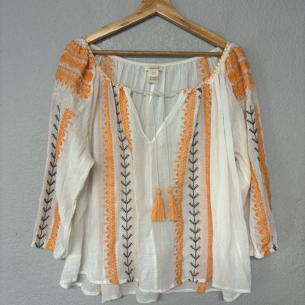 Sundance Bohemian White & Orange Embroidered Peasant Top Cotton